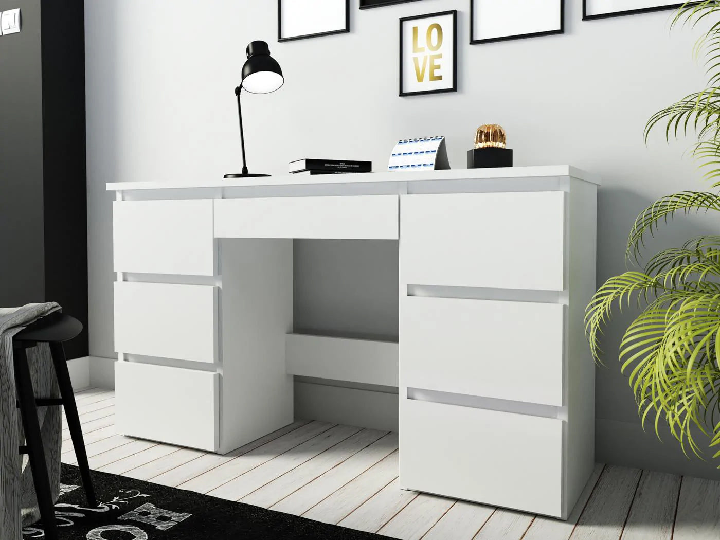 Birou cu 7 sertare Beta 4 120x43x75 cm, design minimalist, alb