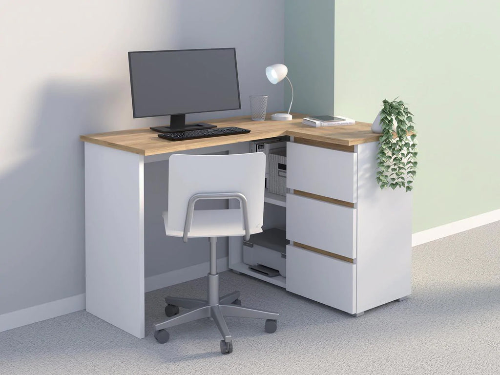 Birou colt Norge cu 3 sertare si 2 rafturi, 124x89x75 cm, alb si stejar