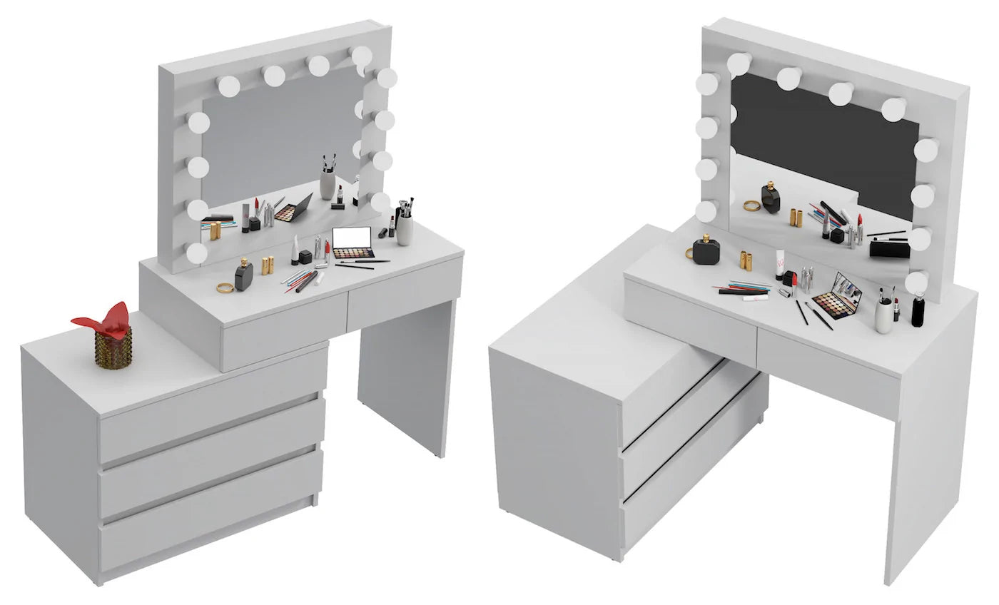 Masa de toaleta si machiaj colt Carla cu oglinda 12 LED si comoda 5 sertare, montaj stanga/dreapta, alb