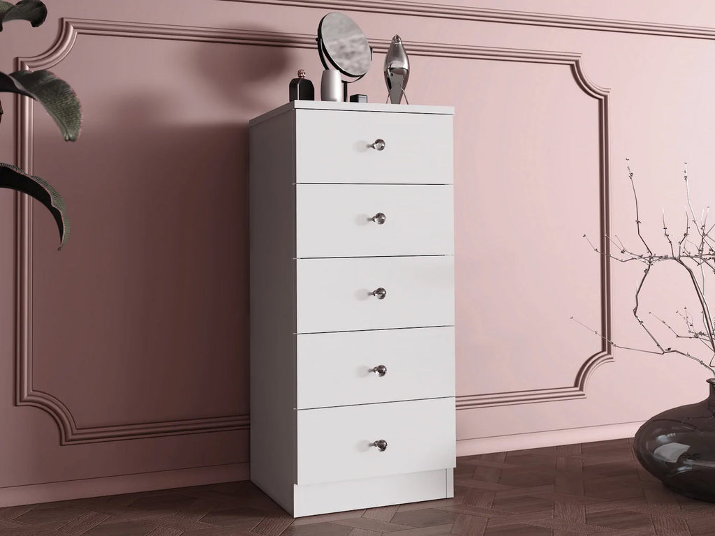 Comoda verticala Cristal cu 5 sertare, MDF, 40x38x94 cm, alb mat
