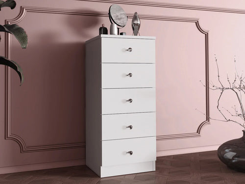 Comoda verticala Cristal cu 5 sertare, MDF, 40x38x94 cm, alb mat
