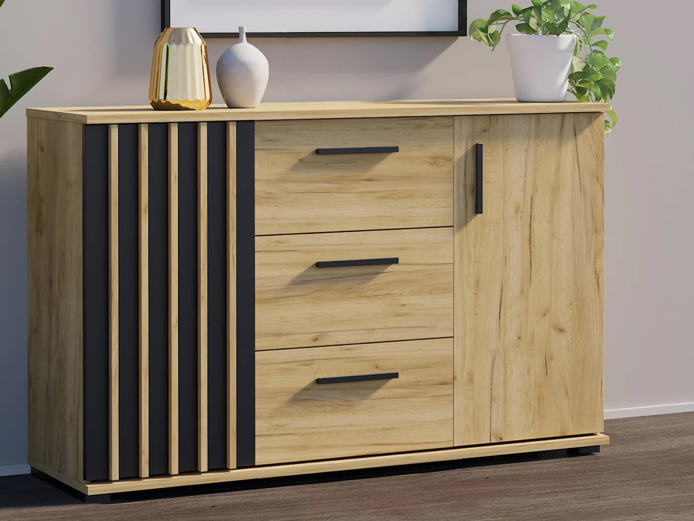 Comoda moderna cu 3 sertare si 2 usi, 140x38x80 cm, finisaj negru craft