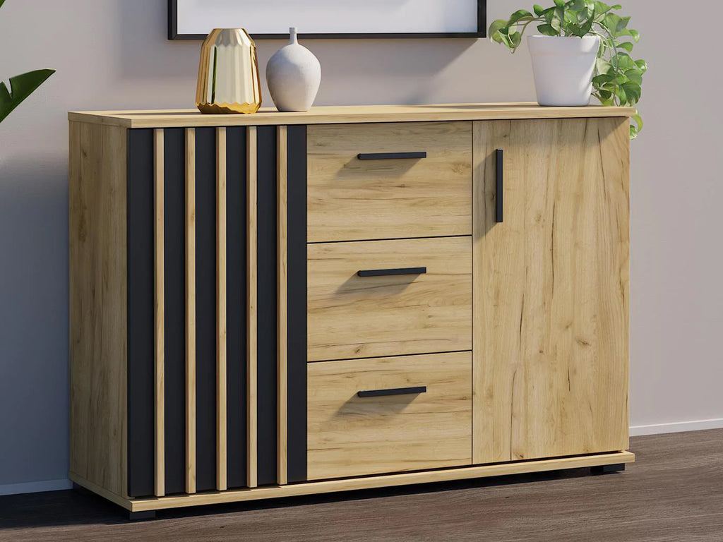 Comoda Montana 120 cu 2 usi si 3 sertare, 120x37x80 cm, craft si negru
