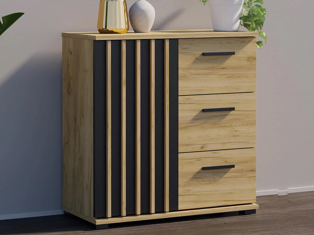 Comoda Montana 80 cu 3 sertare si 1 usa, 81x37x80 cm, negru si stejar craft