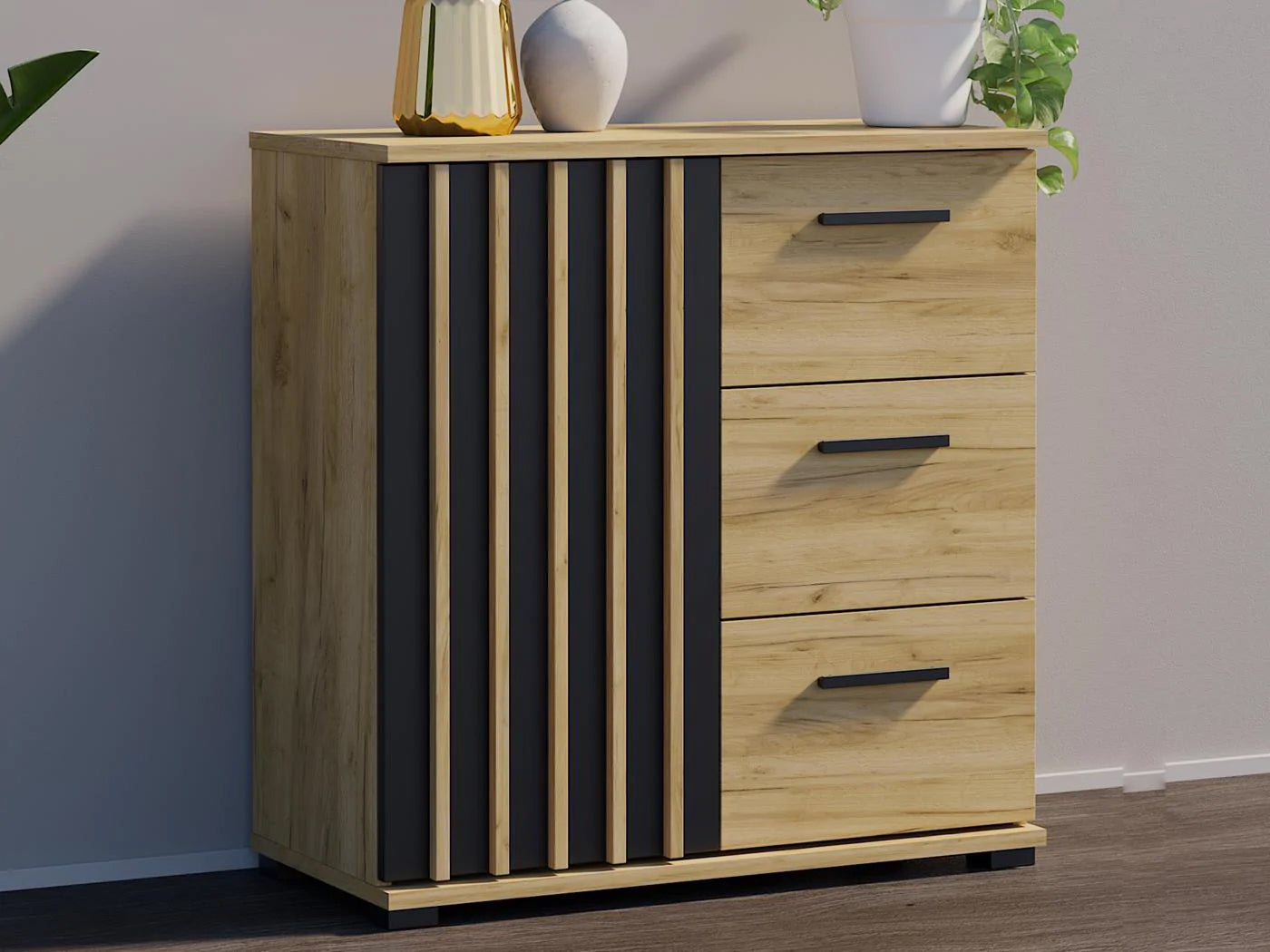 Comoda Montana 80 cu 3 sertare si 1 usa, 81x37x80 cm, negru si stejar craft