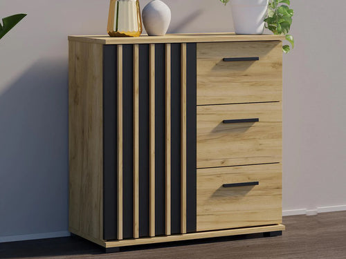 Comoda Montana 80 cu 3 sertare si 1 usa, 81x37x80 cm, negru si stejar craft