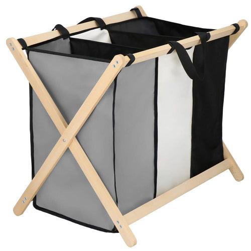 Cos de rufe cu 3 compartimente, cadru din lemn, 67x43x55 cm, 105 litri