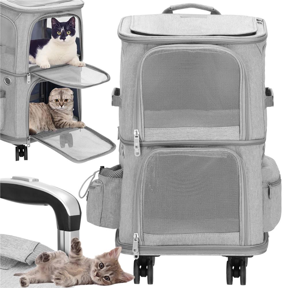 Carucior tip troller pentru transport animale, dublu cu 2 compartimente separate, maxim 22 kg, 55x34x26 cm, gri