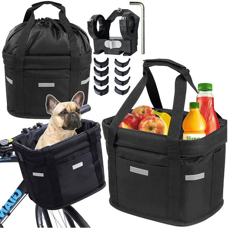 Cos bicicleta fata 34x24x25 cm, aluminiu si material textil, sistem click, cu husa ploaie, negru