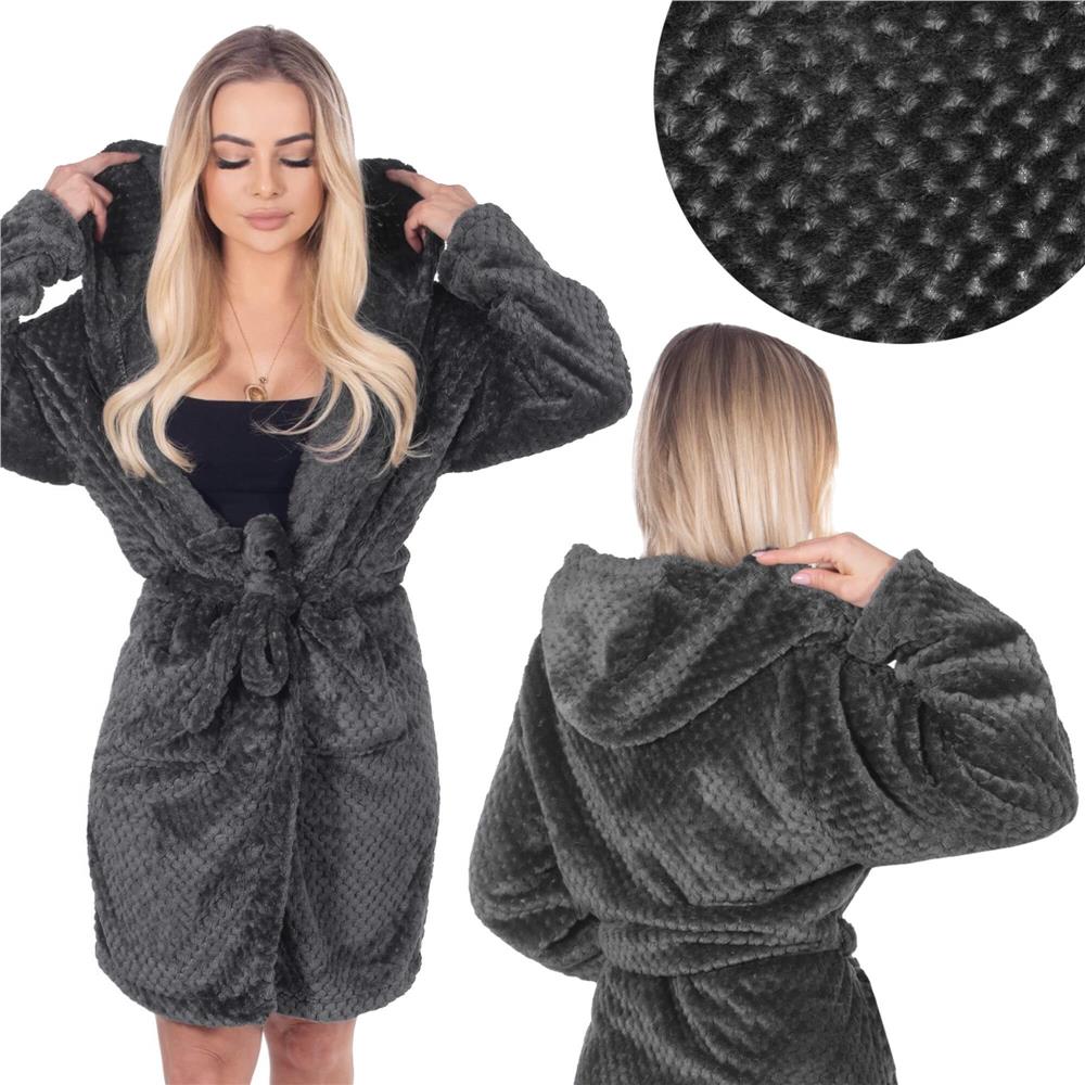 Halat de baie pentru femei pana la genunchi, cu gluga, marimea L/XL, gri inchis