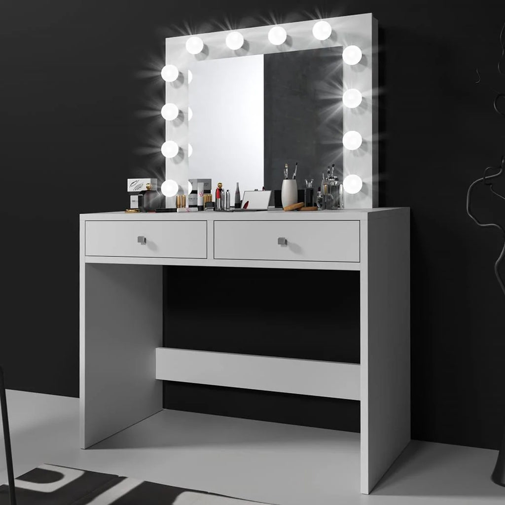 Masa de toaleta si machiaj Mega 12 LED, 100x50x144 cm, cu oglinda iluminata si 2 sertare, alb
