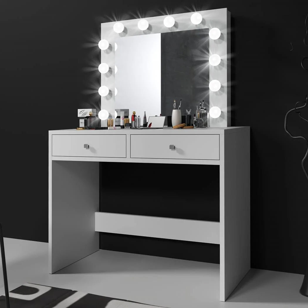 Masa de toaleta si machiaj Mega 12 LED, 100x50x144 cm, cu oglinda iluminata si 2 sertare, alb