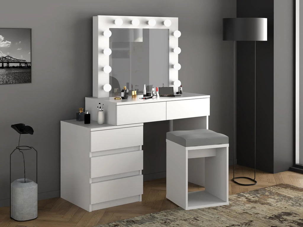 Masa de toaleta si machiaj Adele cu 5 sertare si oglinda 12 LED, 113x47x142 cm, alb