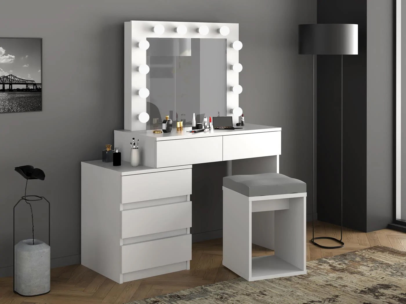 Masa de toaleta si machiaj Adele cu 5 sertare si oglinda 12 LED, 113x47x142 cm, alb