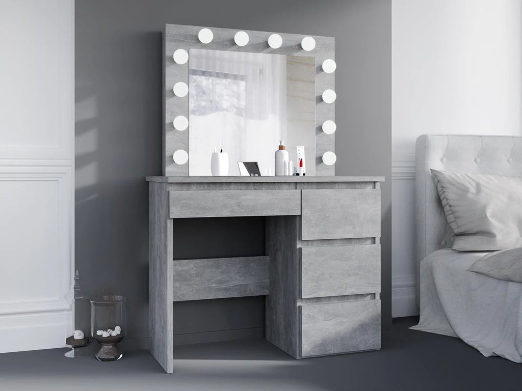 Masa de toaleta si machiaj Hollywood cu oglinda LED si 4 sertare, 94x43x140 cm, gri beton