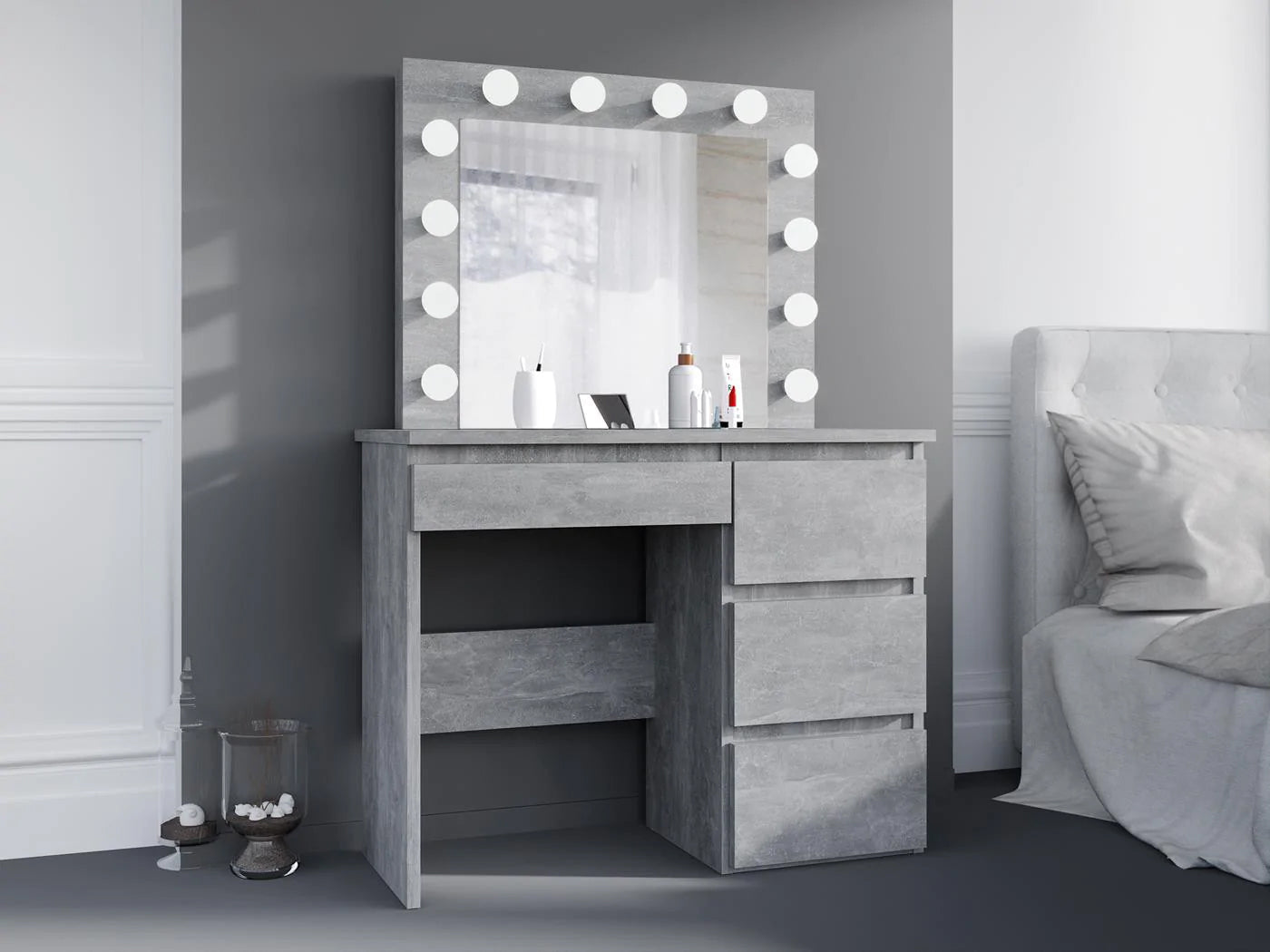 Masa de toaleta si machiaj Hollywood cu oglinda LED si 4 sertare, 94x43x140 cm, gri beton