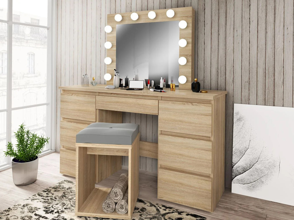 Masa de toaleta si machiaj cu oglinda LED si 7 sertare, 120x43x140 cm, sonoma
