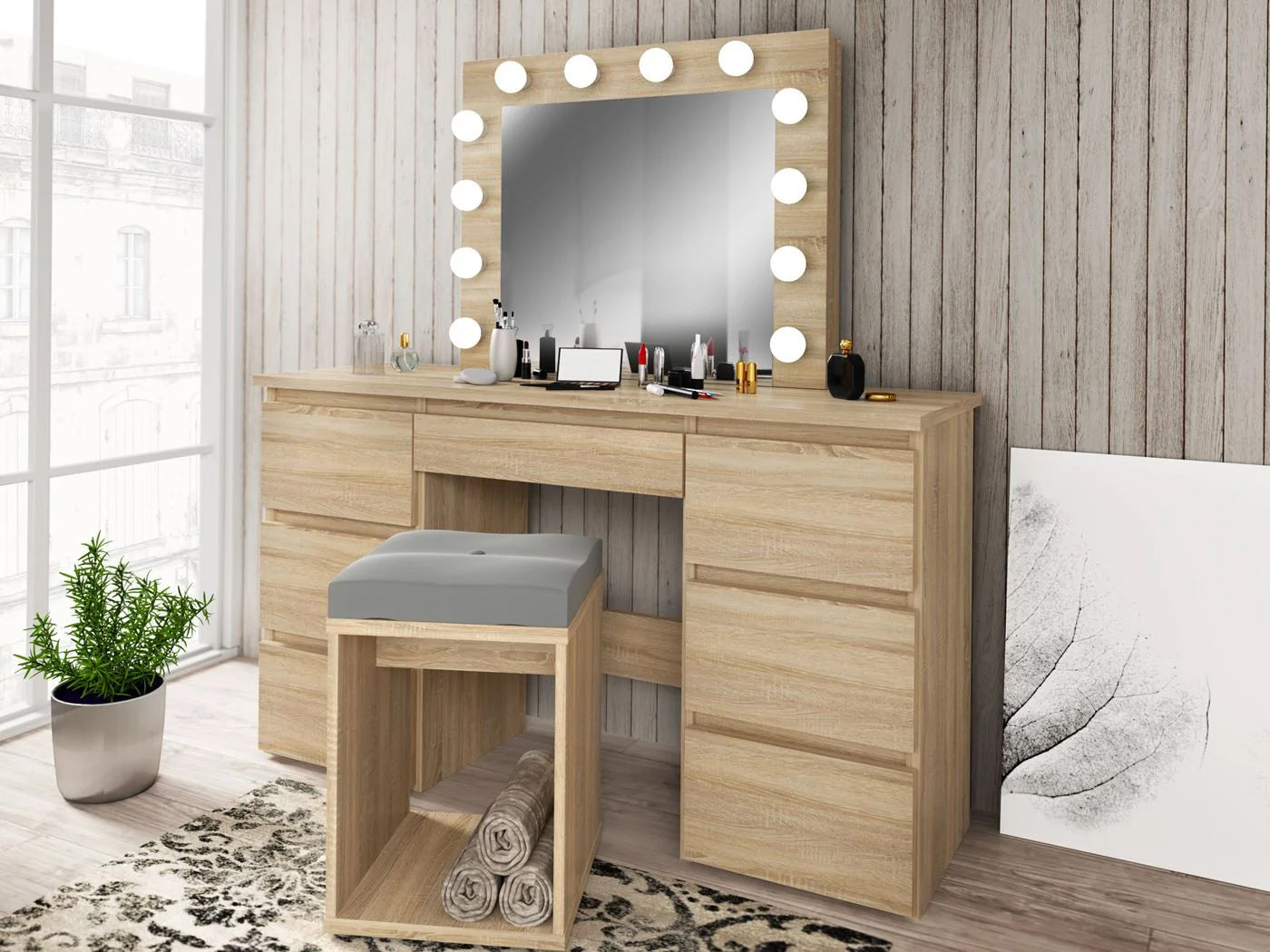Masa de toaleta si machiaj cu oglinda LED si 7 sertare, 120x43x140 cm, sonoma