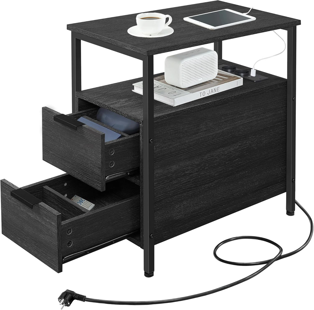 VASAGLE Noptiera 60x35x61 cm, cu 2 sertare, rafturi si priza incorporata, PAL si otel, gri antracit si negru