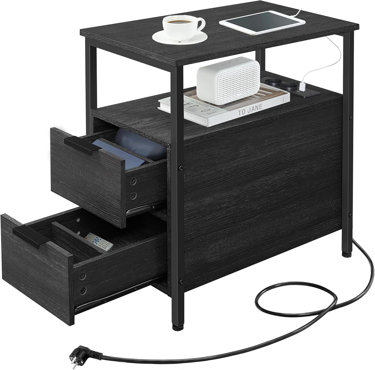 VASAGLE Noptiera 60x35x61 cm, cu 2 sertare, rafturi si priza incorporata, PAL si otel, gri antracit si negru