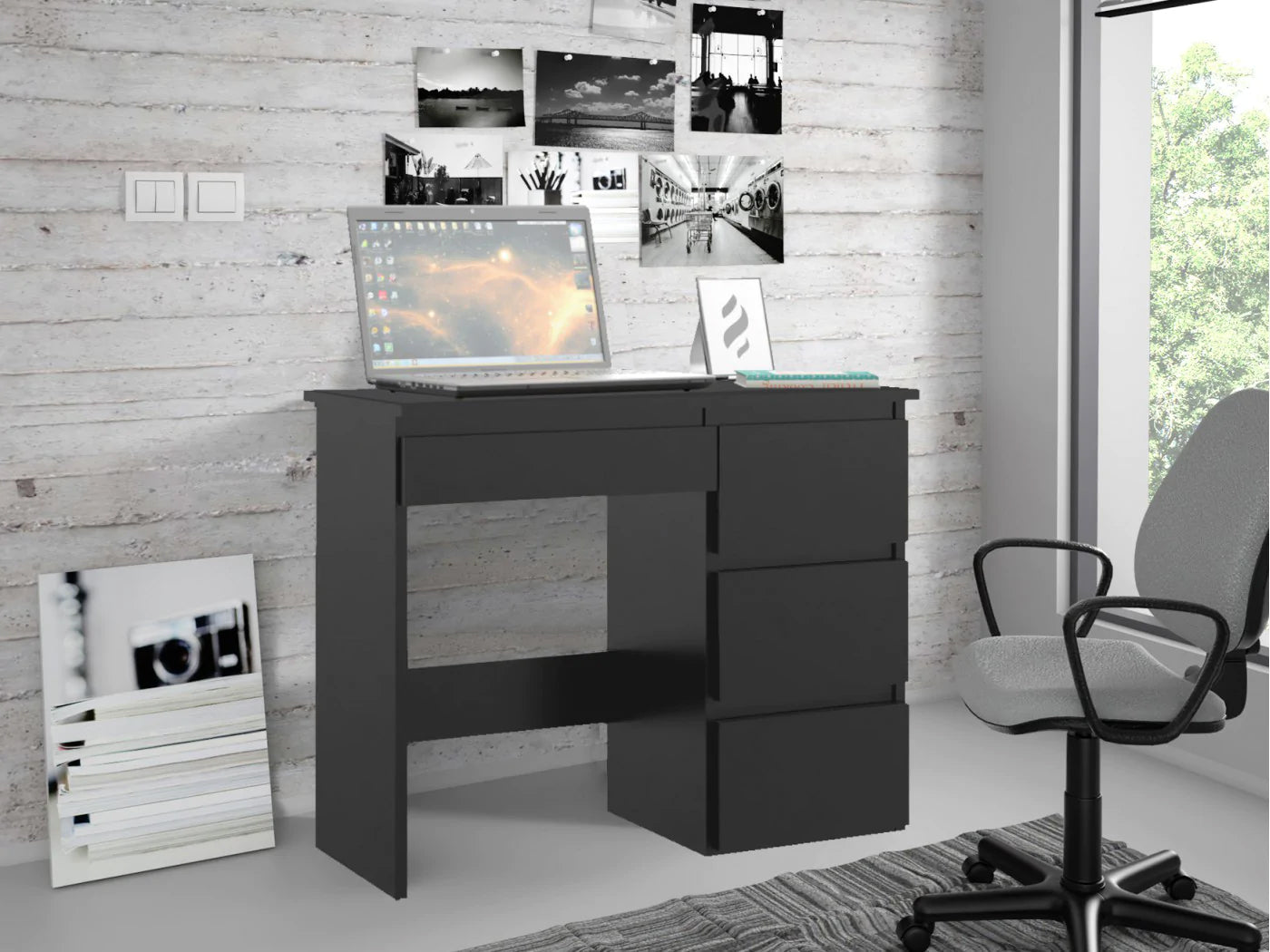 Birou calculator Beta 3 cu 4 sertare, 94x43x75 cm, finisaj negru