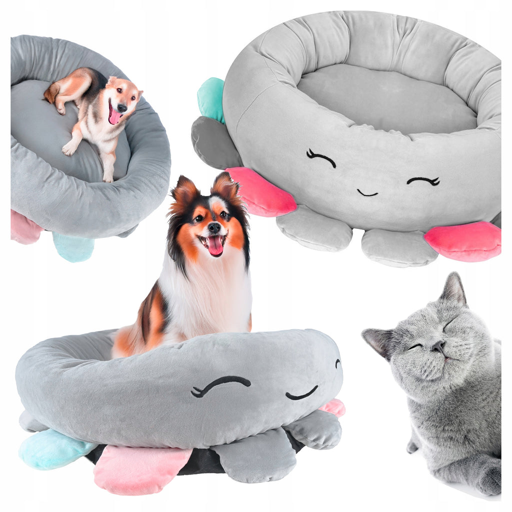 Pat pentru caini, cu margini groase ridicate, antiderapant, model meduza, 70x70x20 cm, gri