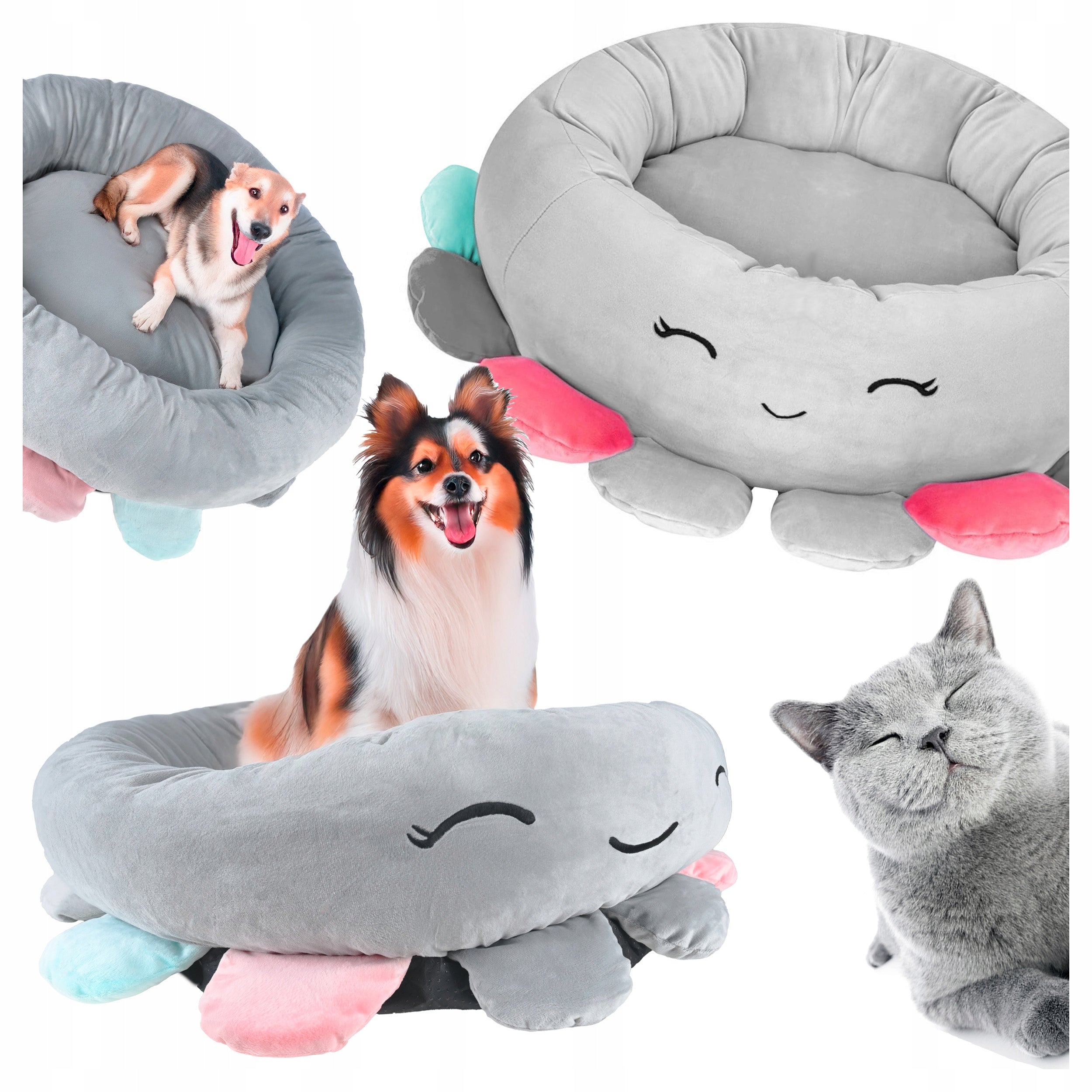 Pat pentru caini, cu margini groase ridicate, antiderapant, model meduza, 70x70x20 cm, gri