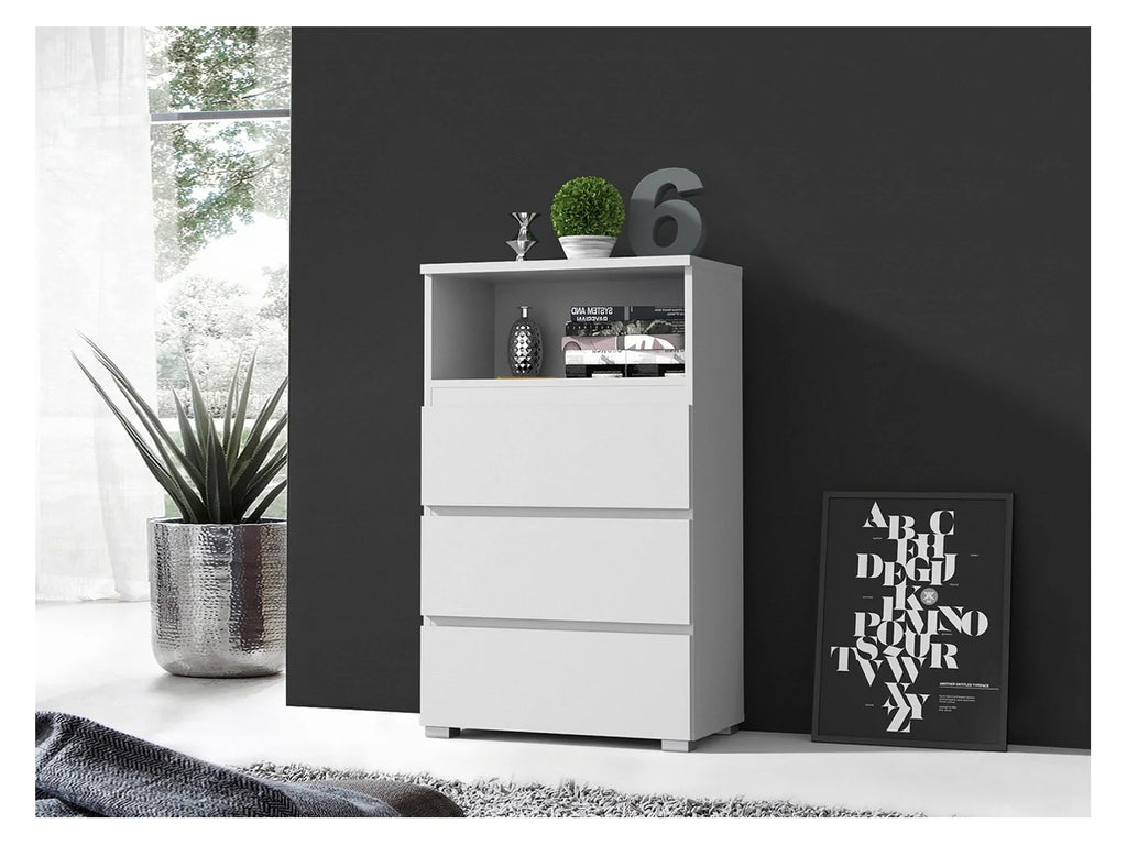Comoda cu 3 sertare si raft deschis Neo 03, 65x37x106 cm, finisaj mat, alb