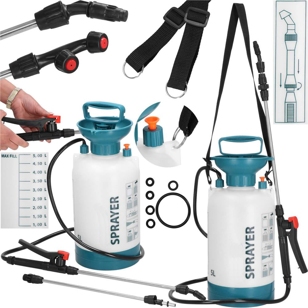 Pompa de stropit manual 5L cu lance reglabila 63 cm, 2 duze si curea de umar