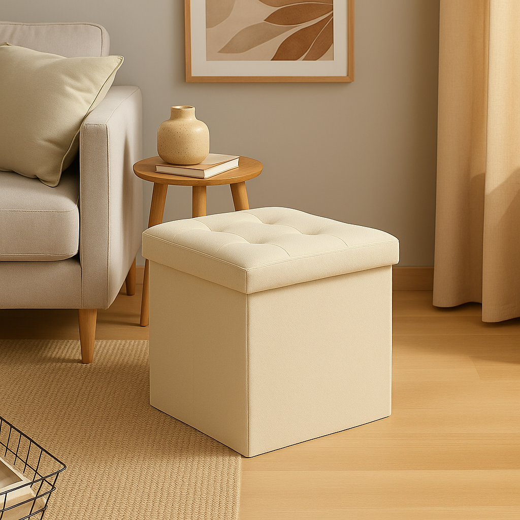 Taburet pliabil Atmosphera Lysandre cu spatiu de depozitare, 38x38x38 cm, bej