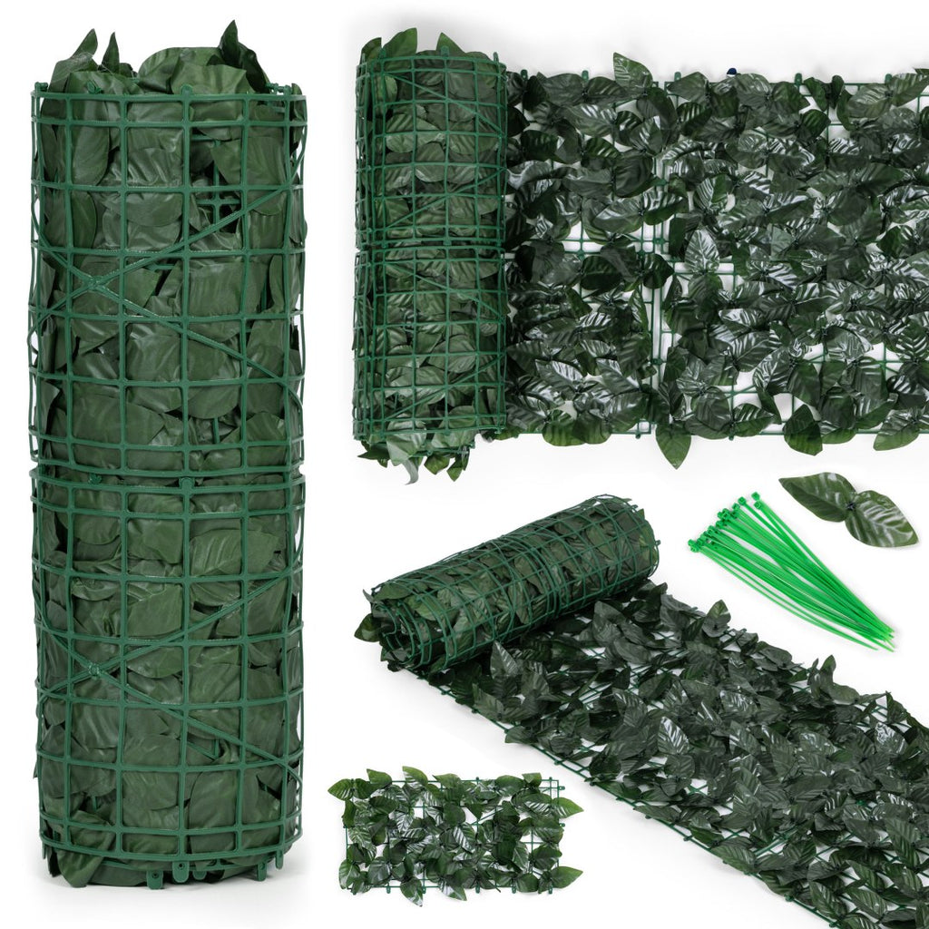 Gard artificial decorativ 50x300 cm, frunze ornamentale, protectie UV si intemperii, plastic PVC, verde inchis