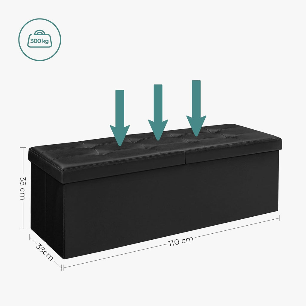 SONGMICS Taburet pliabil cu sezut moale, spatiu de depozitare 120litri, maxim 300kg, 110x38x38cm, negru