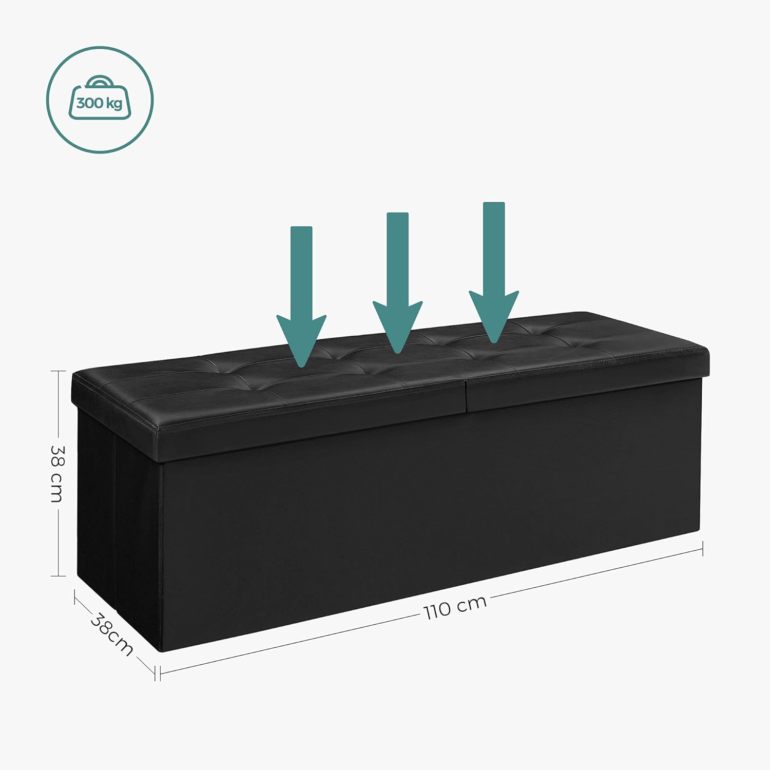 SONGMICS Taburet pliabil cu sezut moale, spatiu de depozitare 120litri, maxim 300kg, 110x38x38cm, negru
