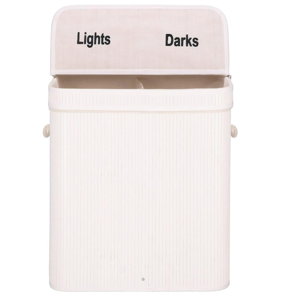 Cos de rufe din bambus cu capac, 2 compartimente, sac detasabil, volum 100L, 54x35x60cm, alb