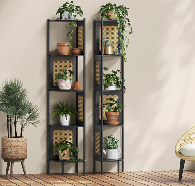 VASAGLE Raft de colt boho, cadru metalic, polite MDF si panouri poliratan, 32x32x156cm, negru