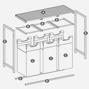 VASAGLE Cos de rufe, 3 compartimente, saci de rufe detasabili, raft, cadru metalic, 3x38L, 93x33x72 cm, maro rustic si negru