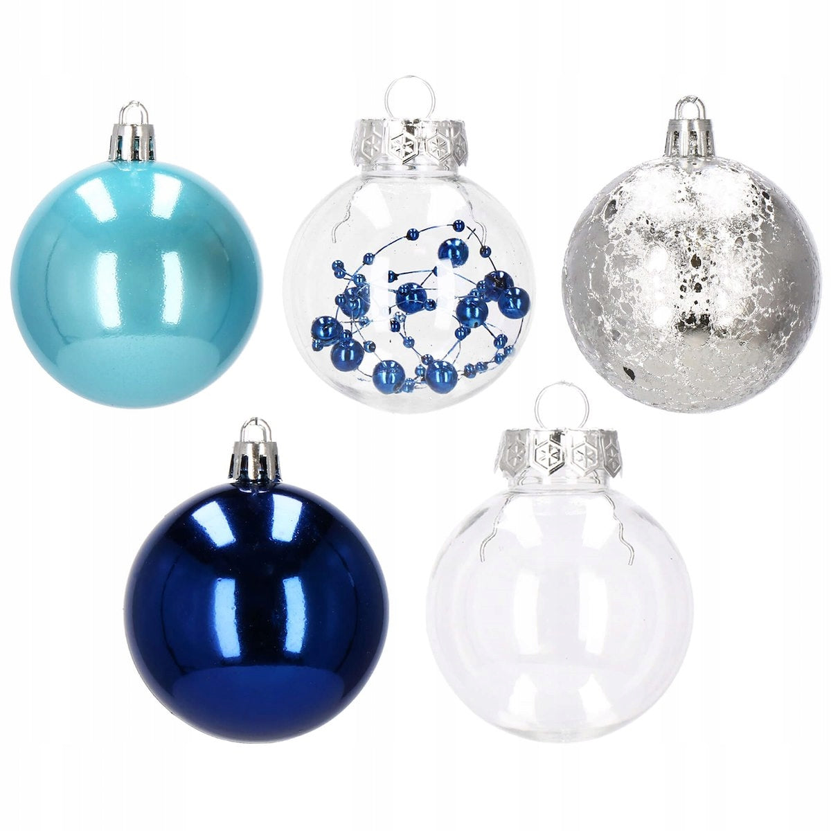 Set globuri de Craciun Inedit, 30 bucati, 6cm, transparente si albastru