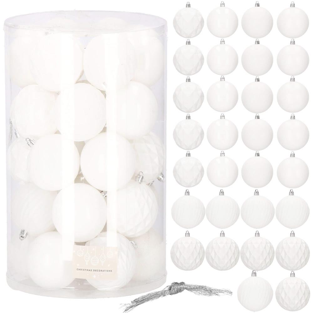 Set globuri de Craciun, 30 bucati, 8cm, 6 modele, alb