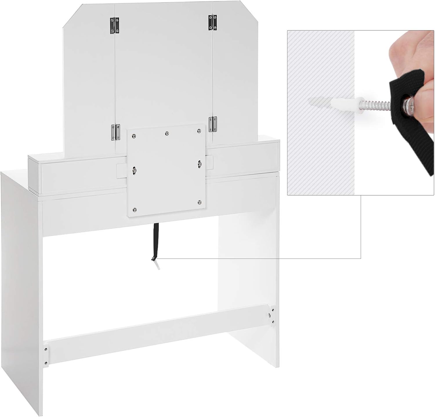 VASAGLE Masa de toaleta cu oglinda rabatabila si 2 sertare, 3 compartimente deschise, 100x40x142cm, alb