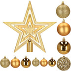 Set globuri si decoratiuni de Craciun, 100 piese, diverse dimensiuni cu stea, auriu
