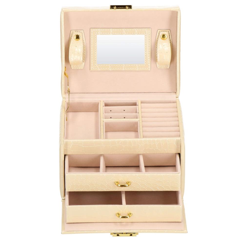 (DL) Cutie depozitare si organizare bijuterii, MDF, piele ecologica si velur, 17,5 x 14 x 12,5cm, crem