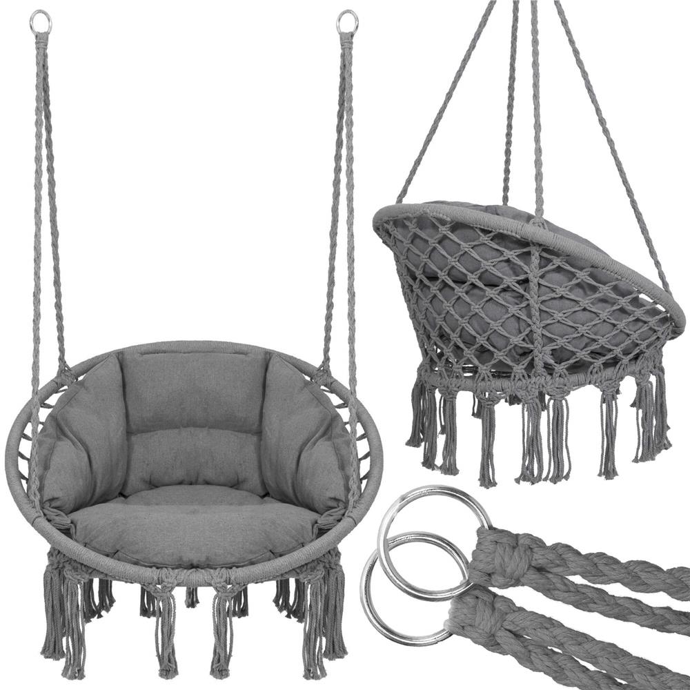 Scaun rotund  tip leagan suspendat cu perna Confort Plus casa sau gradina, gri inchis