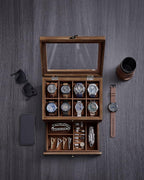 SONGMICS Cutie de ceasuri din lemn masiv, 8 compartimente si sertar bijuterii, 19x27x13cm, nuc rustic