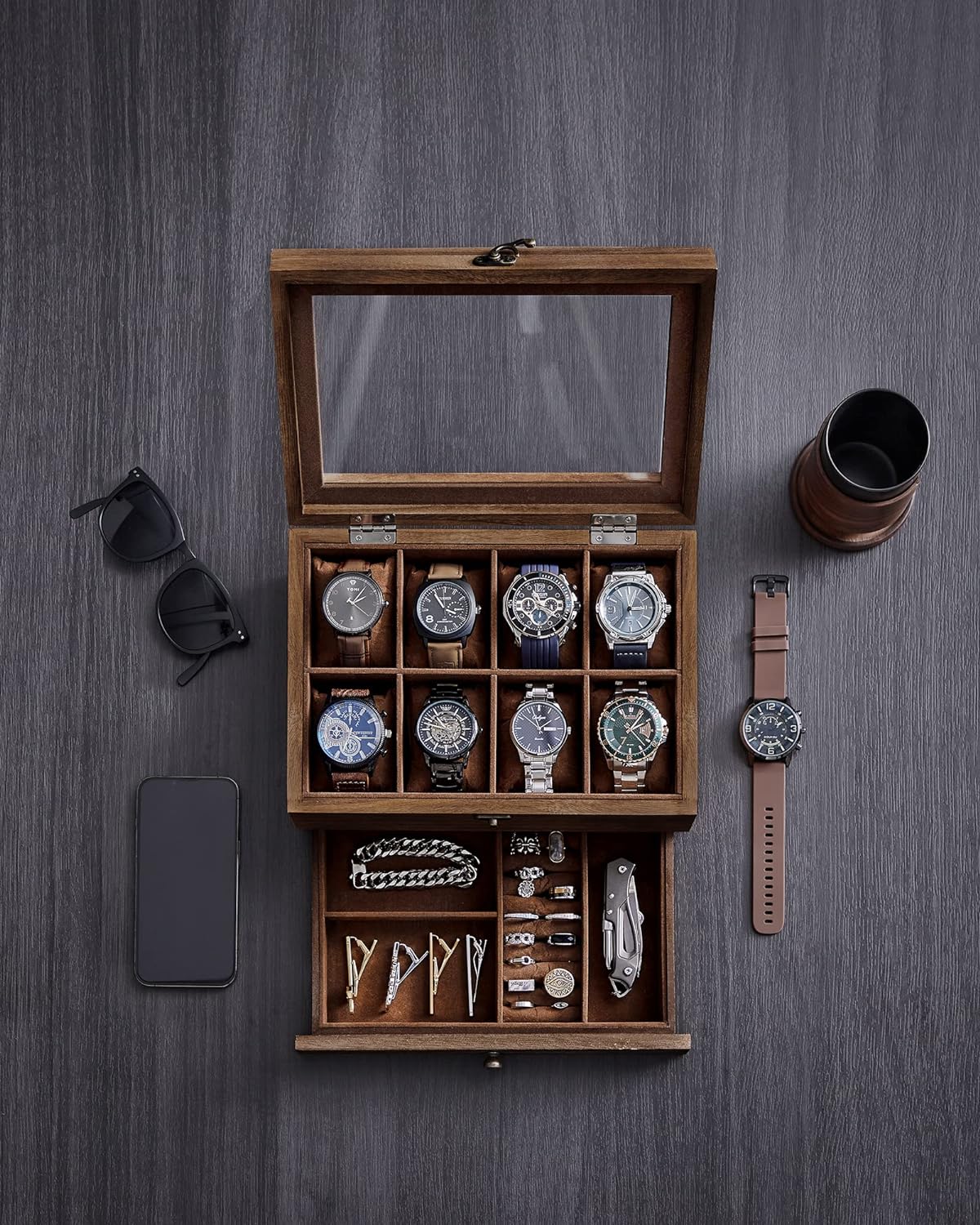 SONGMICS Cutie de ceasuri din lemn masiv, 8 compartimente si sertar bijuterii, 19x27x13cm, nuc rustic