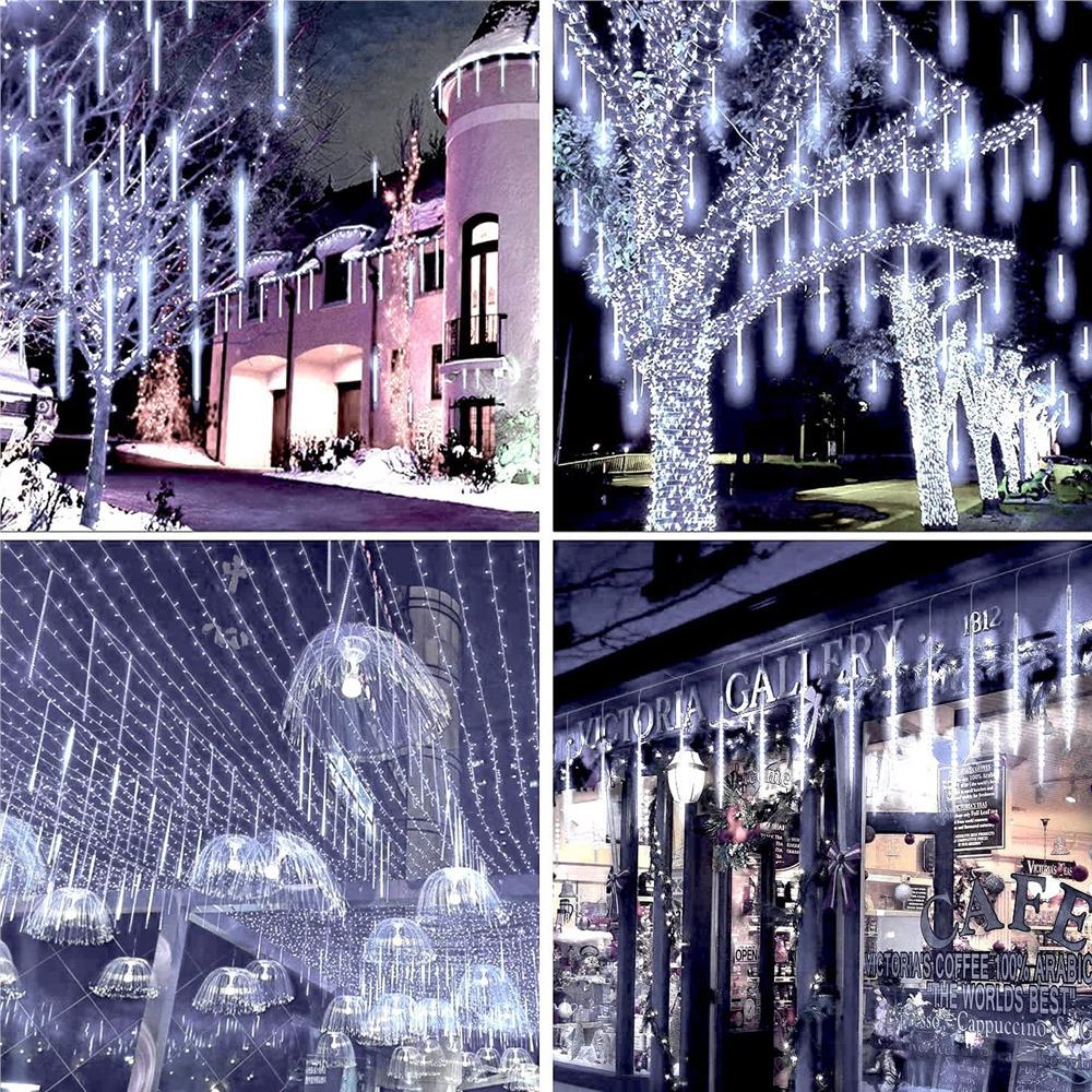 (DL) Instalatie de Craciun, 8 tuburi, 30cm, 144 LED, ploaie de meteoriti, alb