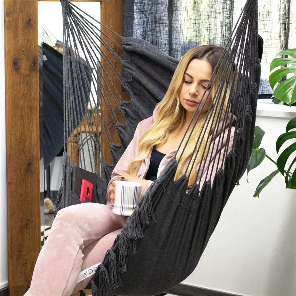 Hamac tip leagan suspendat pentru casa sau gradina, cu perne, 130x100cm, 150kg, gri inchis