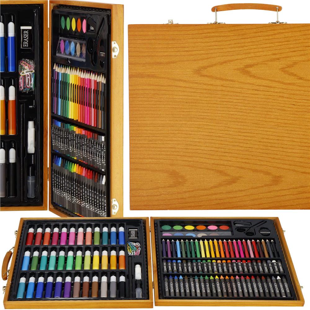 Set de pictura si desen pentru copii, 150 de piese, trusa lemn maro