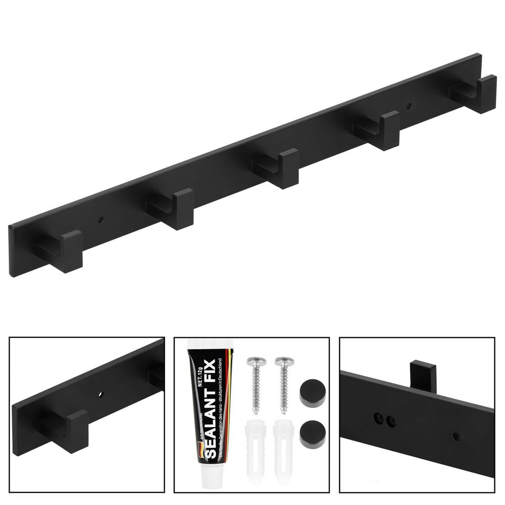 Cuier de baie pentru prosoape cu 2 sisteme instalare, aluminiu, 5 agatatori, 45x4cm, negru