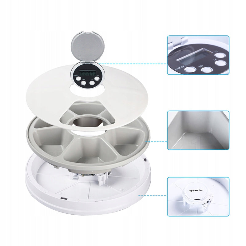 Hranitor automat pentru caini si pisici, sunet hranire, capacitate dispenser 6x70gr, cu display digital