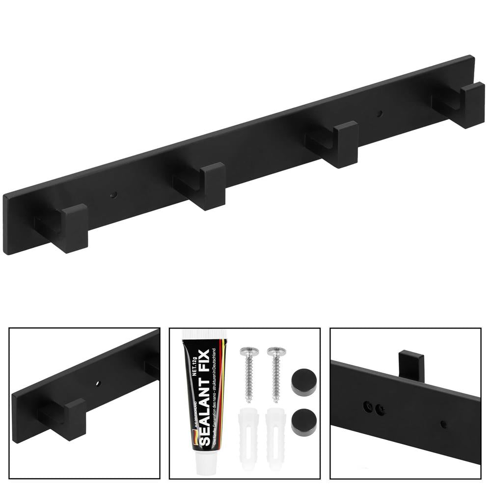 Cuier de baie pentru prosoape cu 2 sisteme instalare, aluminiu, 4 agatatori, 35x4cm, negru